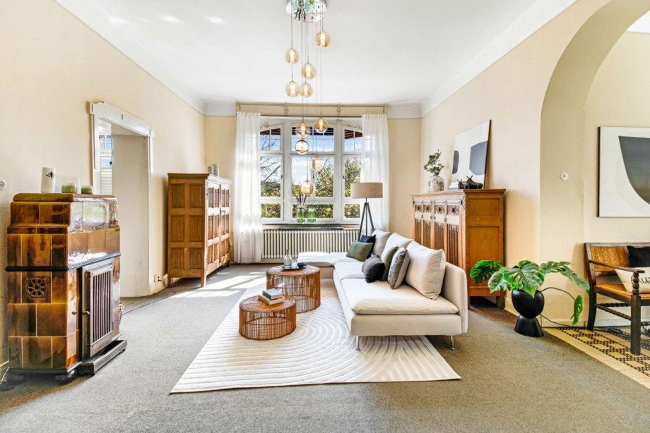 Wohnzimmer vor dem Kachelofen Villa Wetter (Ruhr)